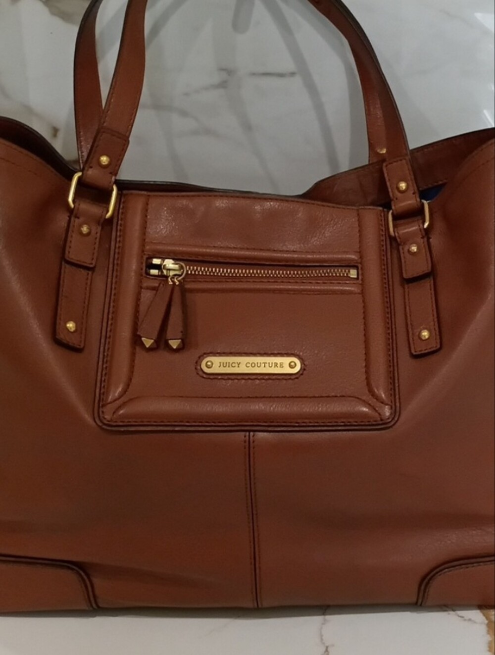 Juicy Couture Chestnut Brown Leather Tote with Gold Hardware